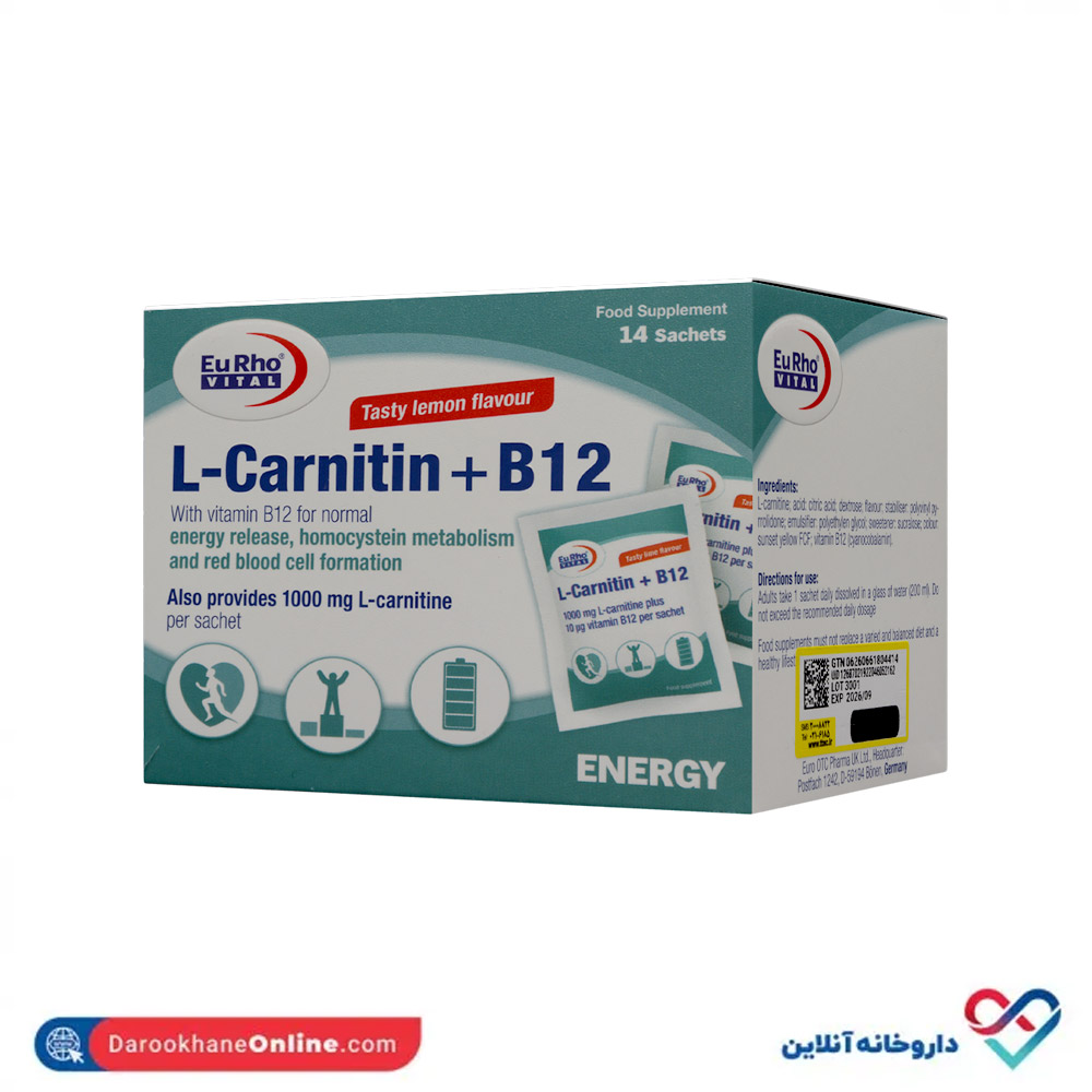 eurho-vital-l-carnitinb12-sachets-1 ساشه ال کارنیتین+ب12 یوروویتال 14 عدد - Image 1